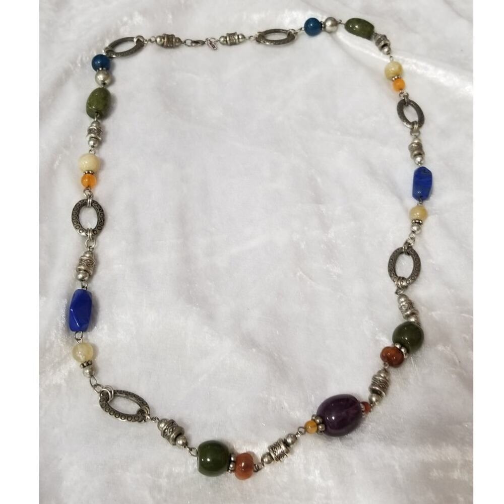 KR 32 1/2" necklace silver tone multi color beads 1.1581